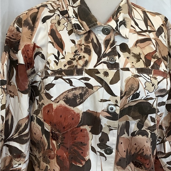 VTG Chicos Beaded Floral Jacket Large Brown 2 pockets - Picture 2 of 7